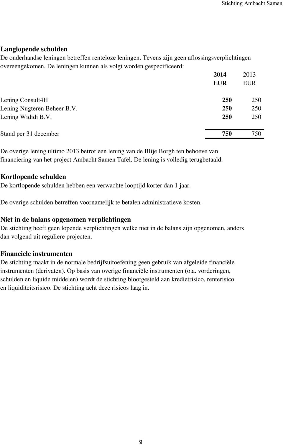 250 250 Lening Wididi B.V. 250 250 Stand per 31 december 750 750 De overige lening ultimo 2013 betrof een lening van de Blije Borgh ten behoeve van financiering van het project Ambacht Samen Tafel.