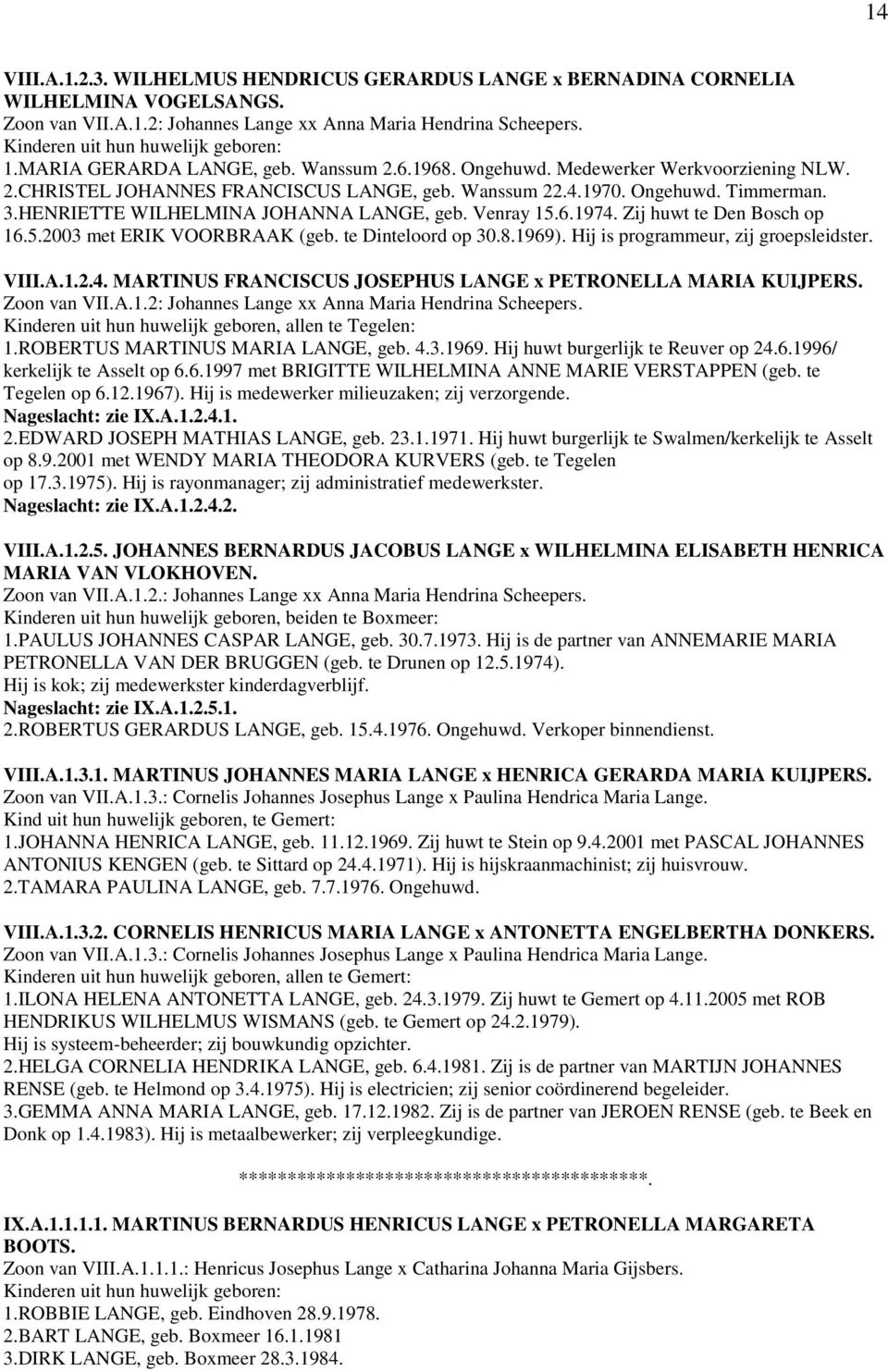 3.HENRIETTE WILHELMINA JOHANNA LANGE, geb. Venray 15.6.1974. Zij huwt te Den Bosch op 16.5.2003 met ERIK VOORBRAAK (geb. te Dinteloord op 30.8.1969). Hij is programmeur, zij groepsleidster. VIII.A.1.2.4. MARTINUS FRANCISCUS JOSEPHUS LANGE x PETRONELLA MARIA KUIJPERS.
