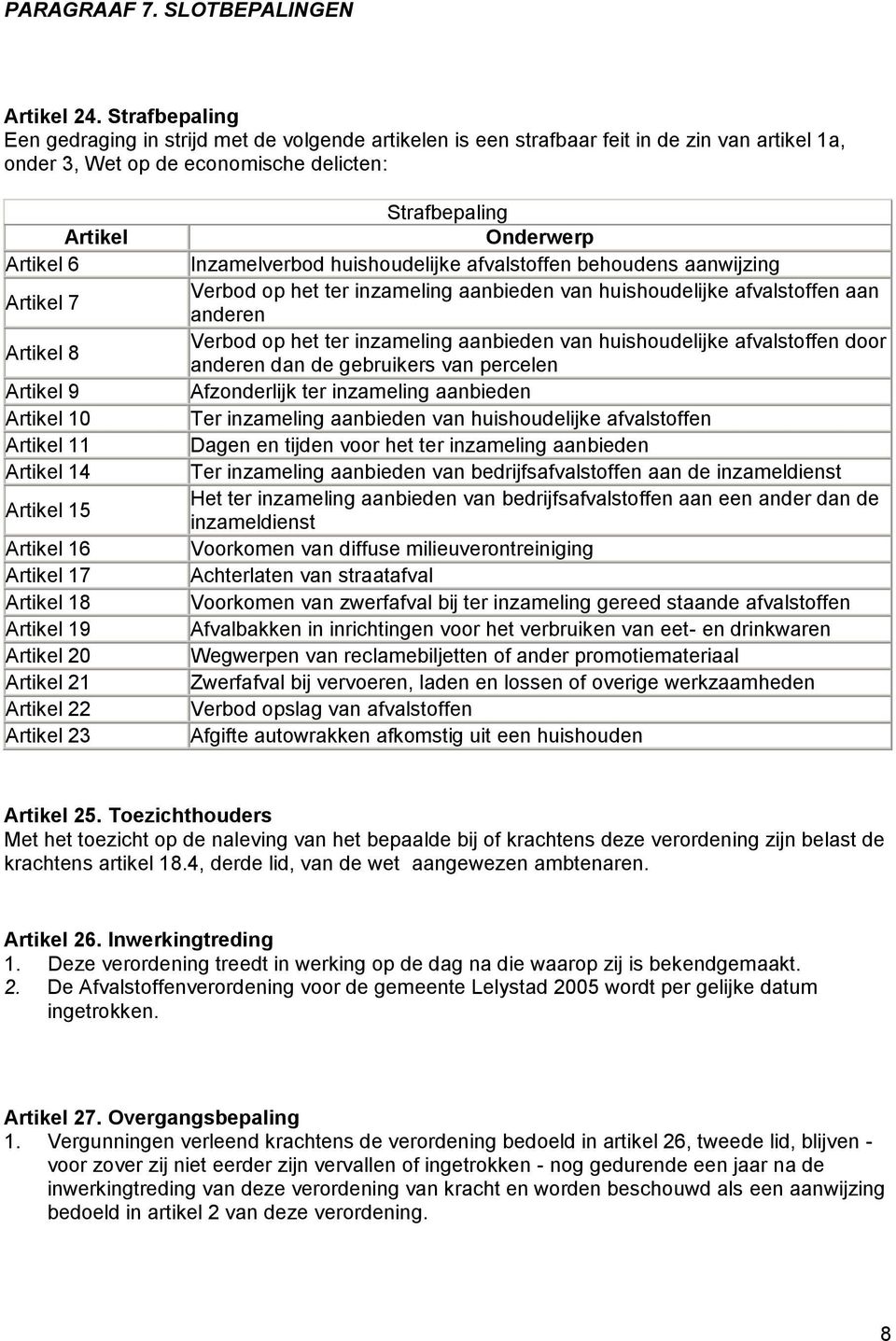 9 Artikel 10 Artikel 11 Artikel 14 Artikel 15 Artikel 16 Artikel 17 Artikel 18 Artikel 19 Artikel 20 Artikel 21 Artikel 22 Artikel 23 Strafbepaling Onderwerp Inzamelverbod huishoudelijke afvalstoffen