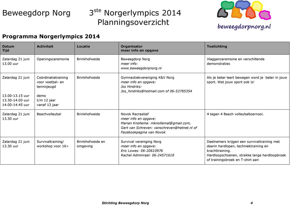 com of 06-53785354 Als je beter leert bewegen word je beter in jouw sport. Wat jouw sport ook is! 13.30 uur Beachvolleybal Novok Recreatief Marian Knollema: mknollemal@gmail.