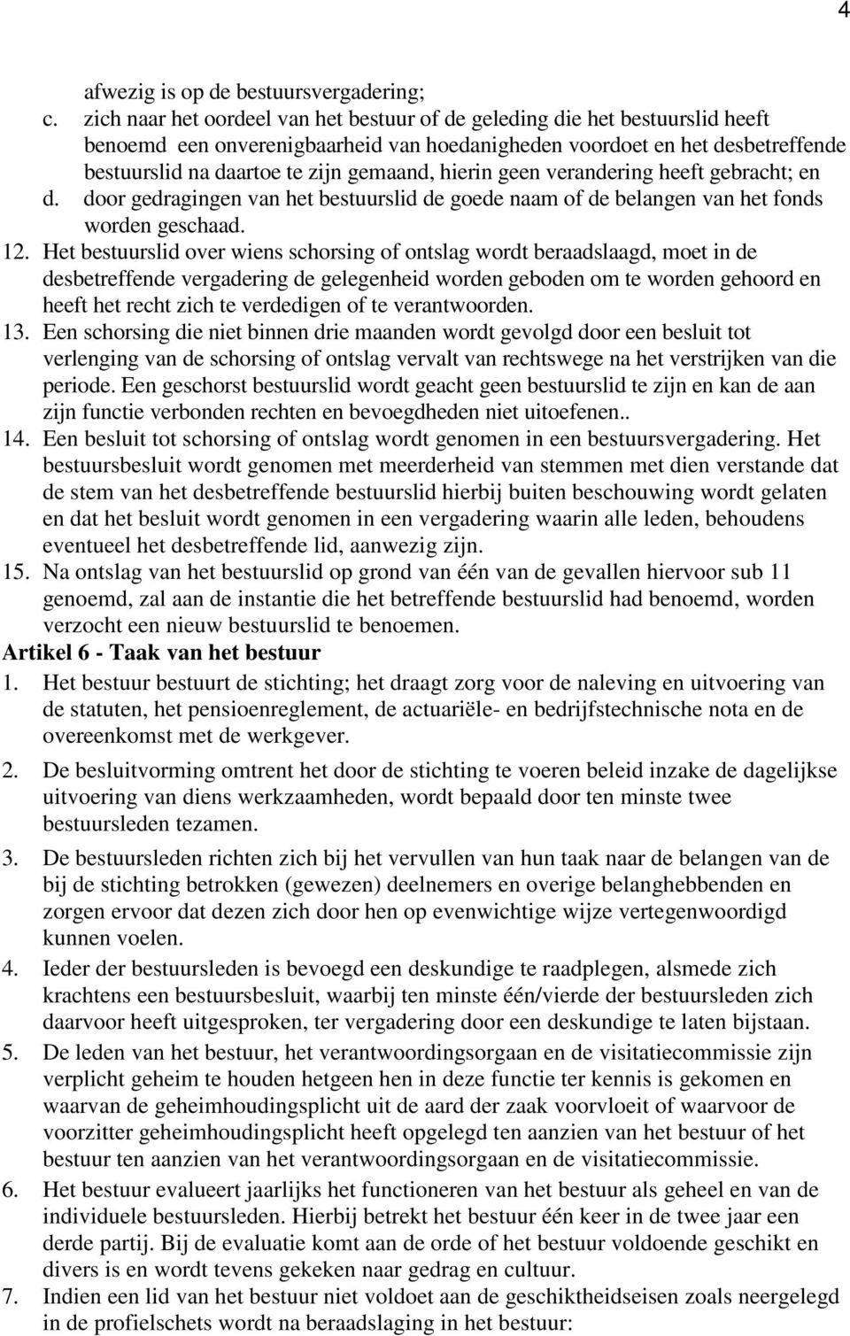 hierin geen verandering heeft gebracht; en d. door gedragingen van het bestuurslid de goede naam of de belangen van het fonds worden geschaad. 12.