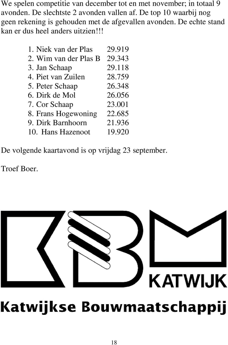 919 2. Wim van der Plas B 29.343 3. Jan Schaap 29.118 4. Piet van Zuilen 28.759 5. Peter Schaap 26.348 6. Dirk de Mol 26.056 7.