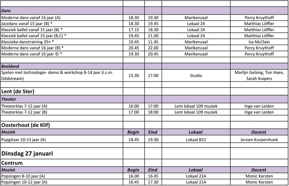 45 Marikenzaal Isa McClain Moderne dans vanaf 16 jaar (B) * 20.45 22.00 Marikenzaal Percy Kruythoff Moderne dans vanaf 16 jaar * 19.30 20.