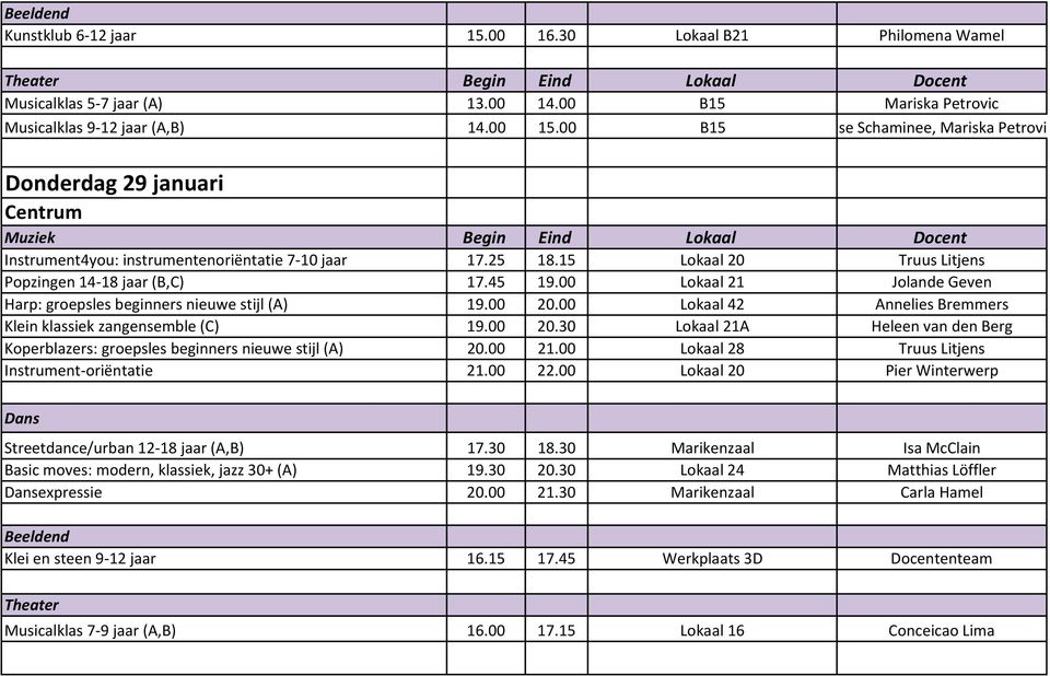 00 Lokaal 21 Jolande Geven Harp: groepsles beginners nieuwe stijl (A) 19.00 20.00 Lokaal 42 Annelies Bremmers Klein klassiek zangensemble (C) 19.00 20.30 Lokaal 21A Heleen van den Berg Koperblazers: groepsles beginners nieuwe stijl (A) 20.