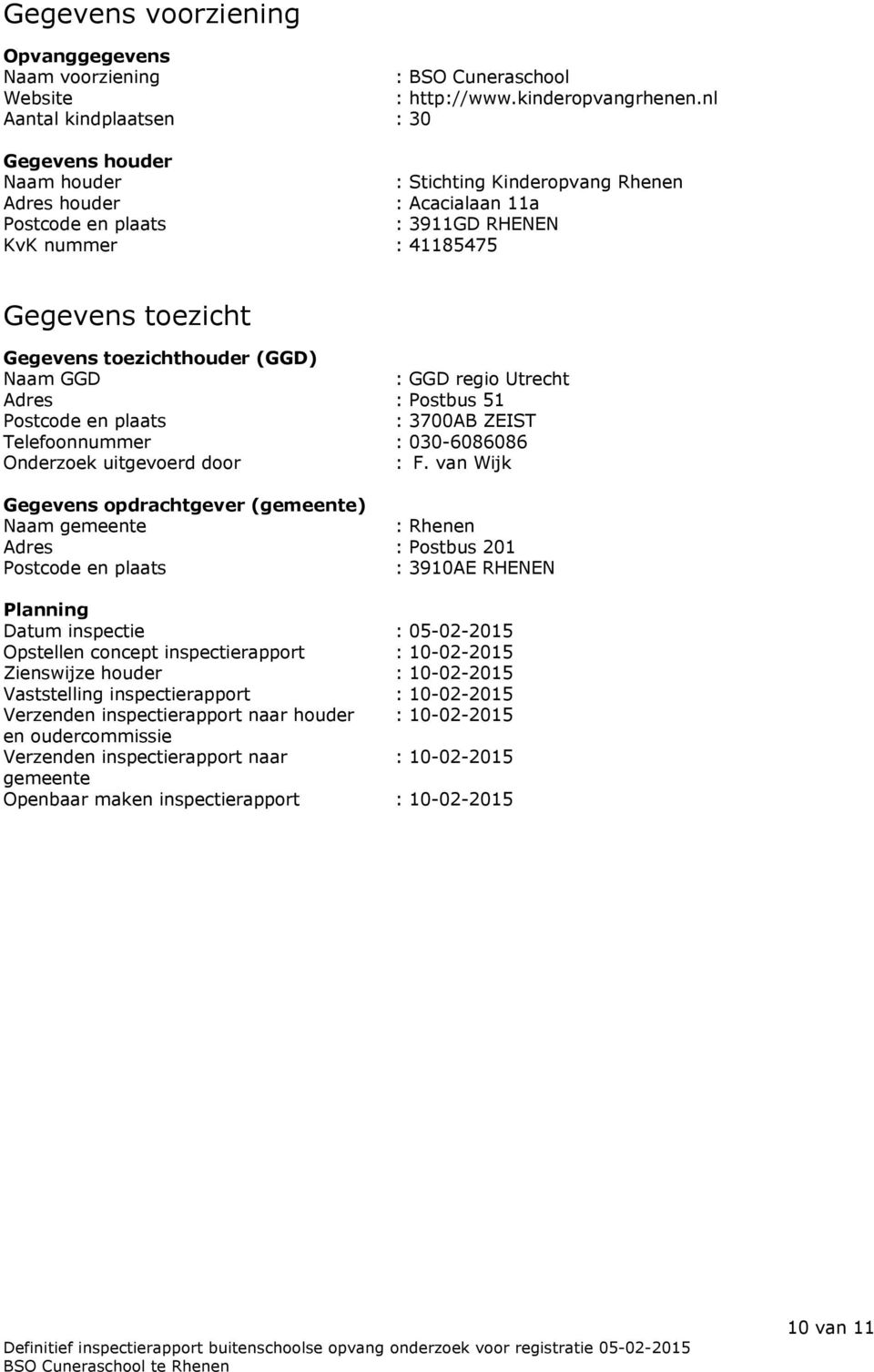 Gegevens toezichthouder (GGD) Naam GGD : GGD regio Utrecht Adres : Postbus 51 Postcode en plaats : 3700AB ZEIST Telefoonnummer : 030-6086086 Onderzoek uitgevoerd door : F.