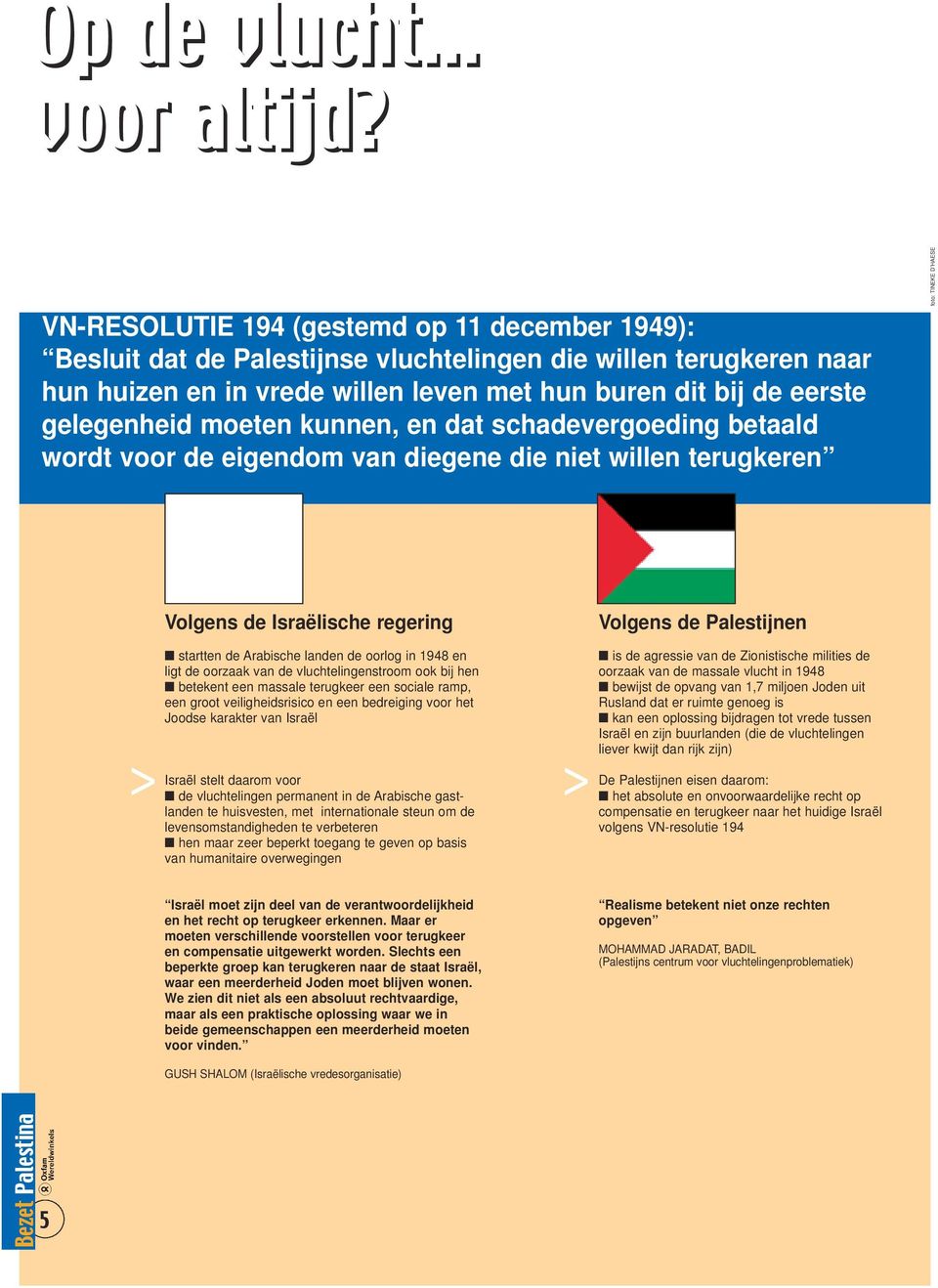 moeten kunnen, en dat schadevergoeding betaald wordt voor de eigendom van diegene die niet willen terugkeren Volgens de Israëlische regering Volgens de Palestijnen startten de Arabische landen de