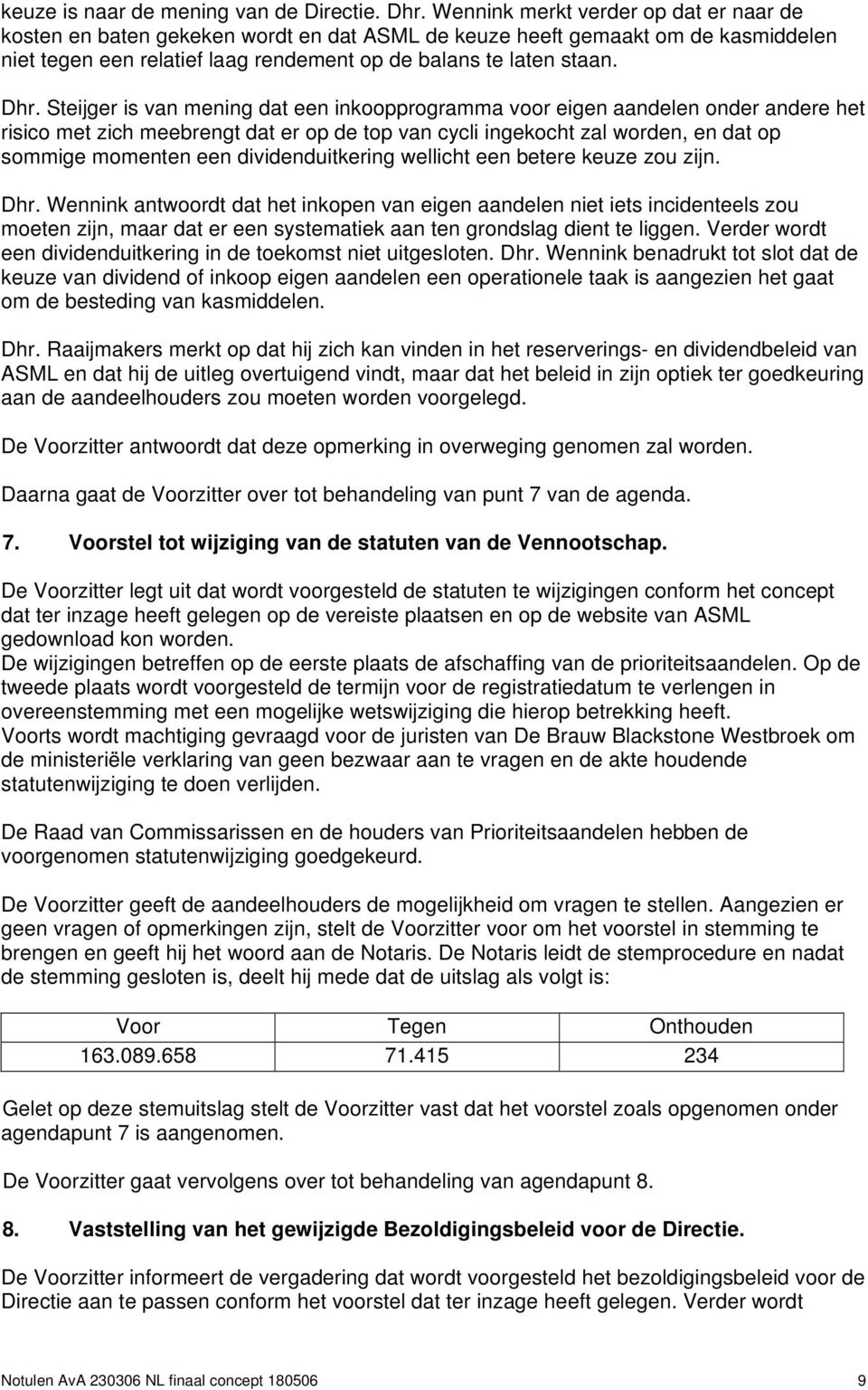 Steijger is van mening dat een inkoopprogramma voor eigen aandelen onder andere het risico met zich meebrengt dat er op de top van cycli ingekocht zal worden, en dat op sommige momenten een