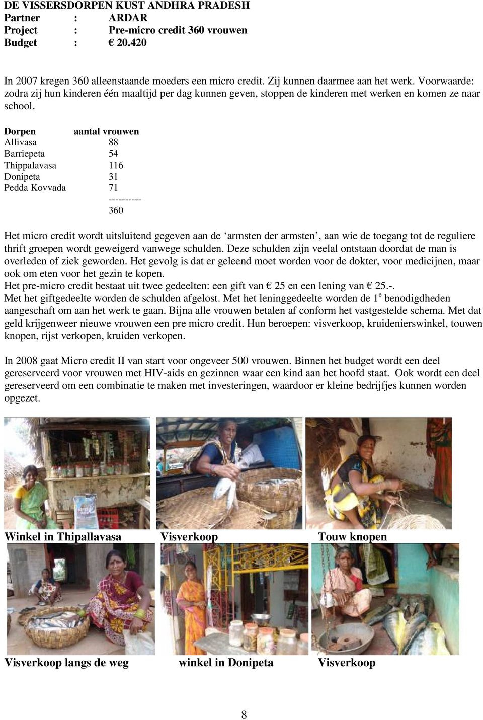Dorpen aantal vrouwen Allivasa 88 Barriepeta 54 Thippalavasa 116 Donipeta 31 Pedda Kovvada 71 ---------- 360 Het micro credit wordt uitsluitend gegeven aan de armsten der armsten, aan wie de toegang