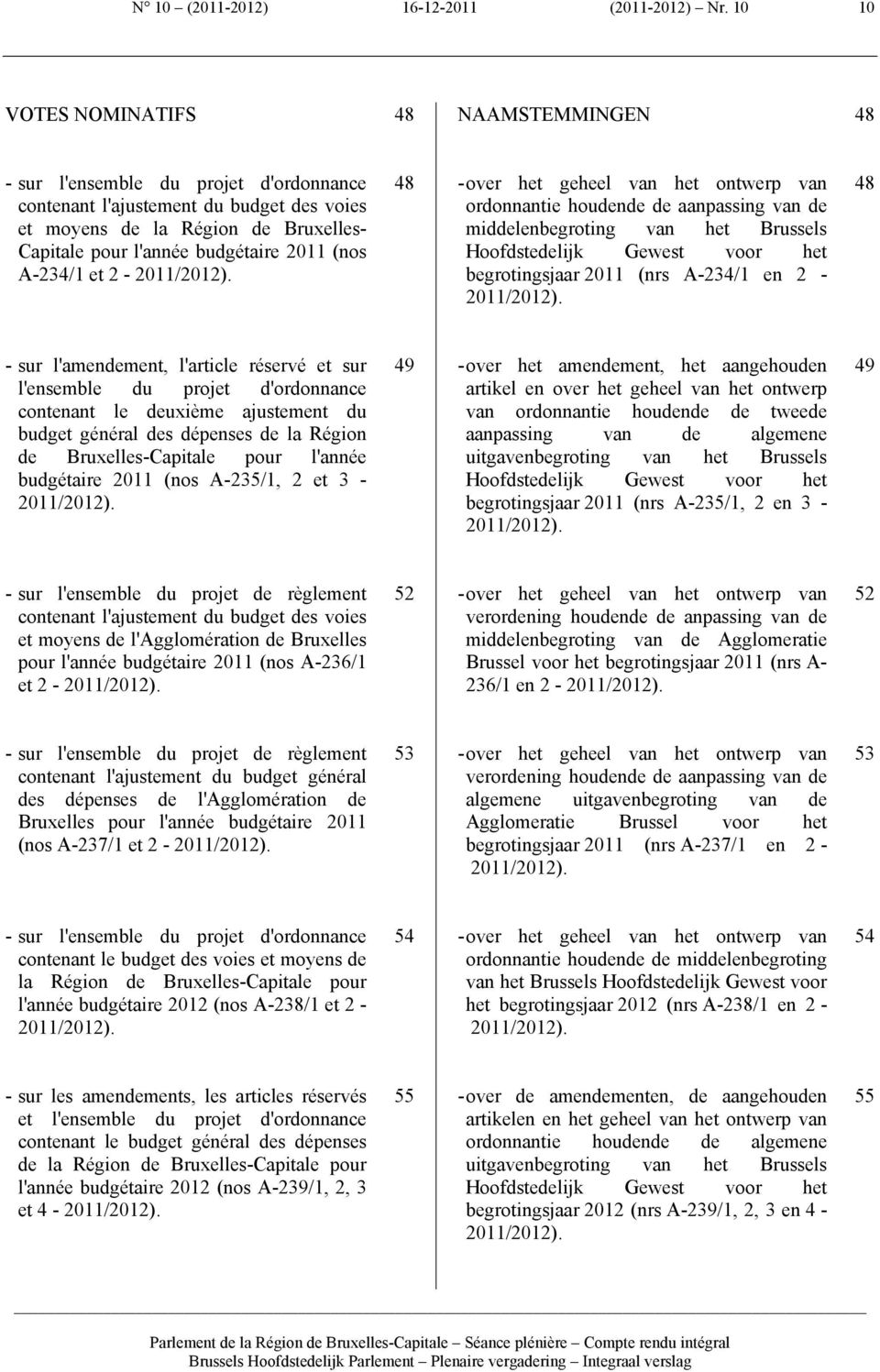 2011 (nos A-234/1 et 2-48 - over het geheel van het ontwerp van ordonnantie houdende de aanpassing van de middelenbegroting van het Brussels Hoofdstedelijk Gewest voor het begrotingsjaar 2011 (nrs