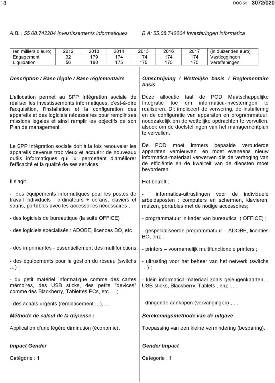 742204 Investeringen informatica Engagement 32 179 174 174 174 174 Vastleggingen Liquidation 56 180 175 175 175 175 Vereffeningen L'allocation permet au SPP Intégration sociale de réaliser les