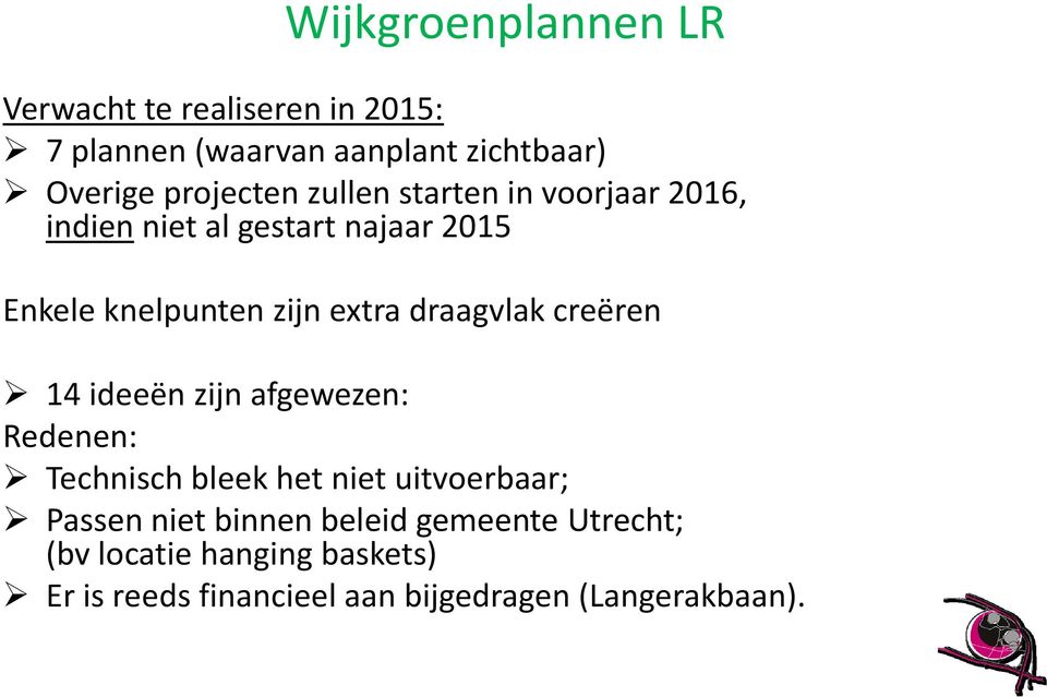 extra draagvlak creëren 14 ideeën zijn afgewezen: Redenen: Technisch bleek het niet uitvoerbaar; Passen