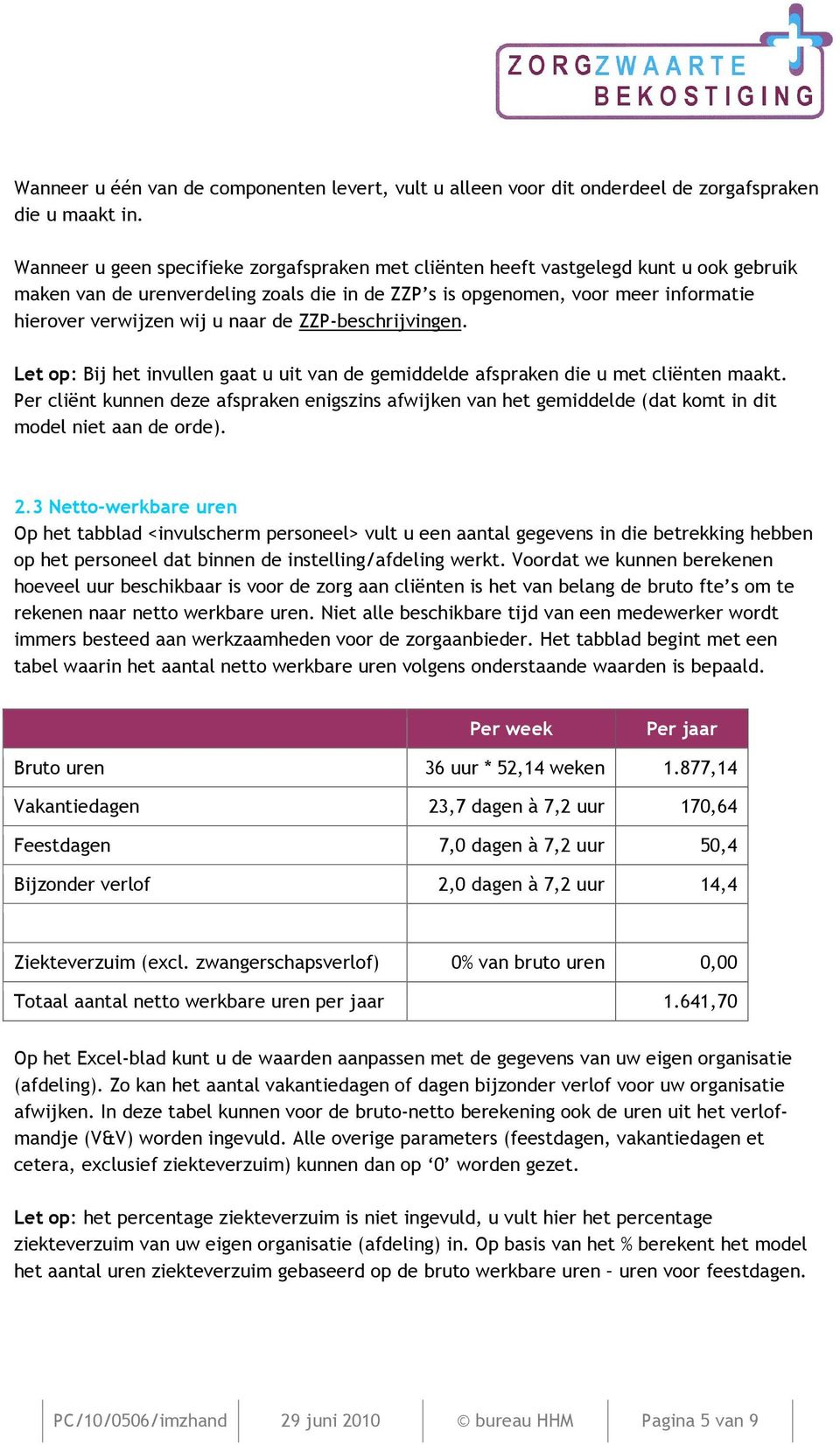 naar de ZZP-beschrijvingen. Let op: Bij het invullen gaat u uit van de gemiddelde afspraken die u met cliënten maakt.