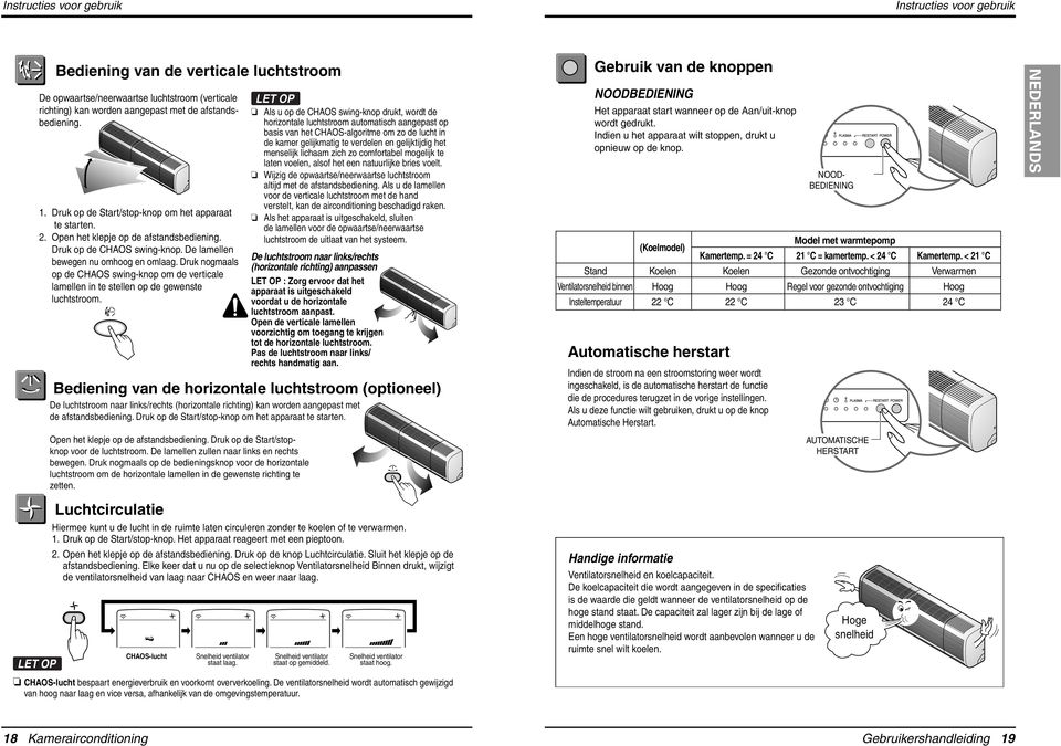 Druk nogmaals op de CHAOS swingknop om de verticale lamellen in te stellen op de gewenste luchtstroom. Luchtcirculatie CHAOSlucht Snelheid ventilator staat laag.