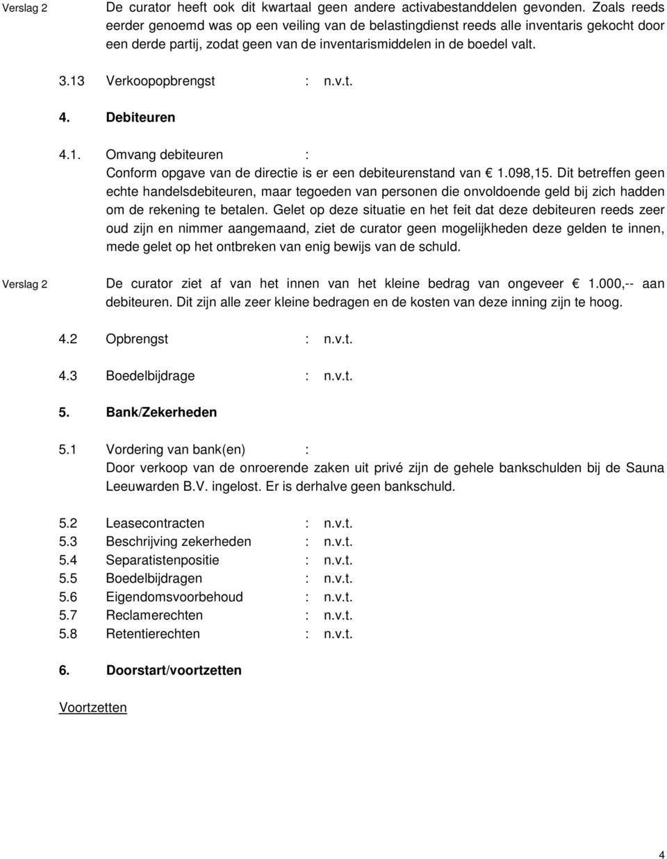 13 Verkoopopbrengst : n.v.t. 4. Debiteuren 4.1. Omvang debiteuren : Conform opgave van de directie is er een debiteurenstand van 1.098,15.