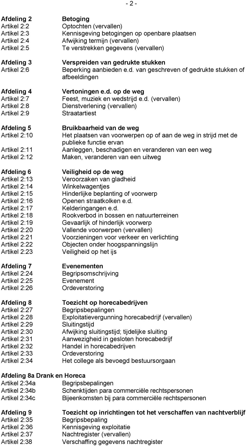 Afdeling 8 Artikel 2:27 Artikel 2:28 Artikel 2:29 Artikel 2:30 Artikel 2:31 Artikel 2:32 Artikel 2:33 Artikel 2:34 Betoging Optochten (vervallen) Kennisgeving betogingen op openbare plaatsen