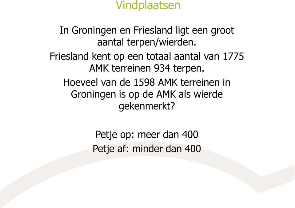 Friesland kent op een totaal aantal van 1775 AMK terreinen 934 terpen.