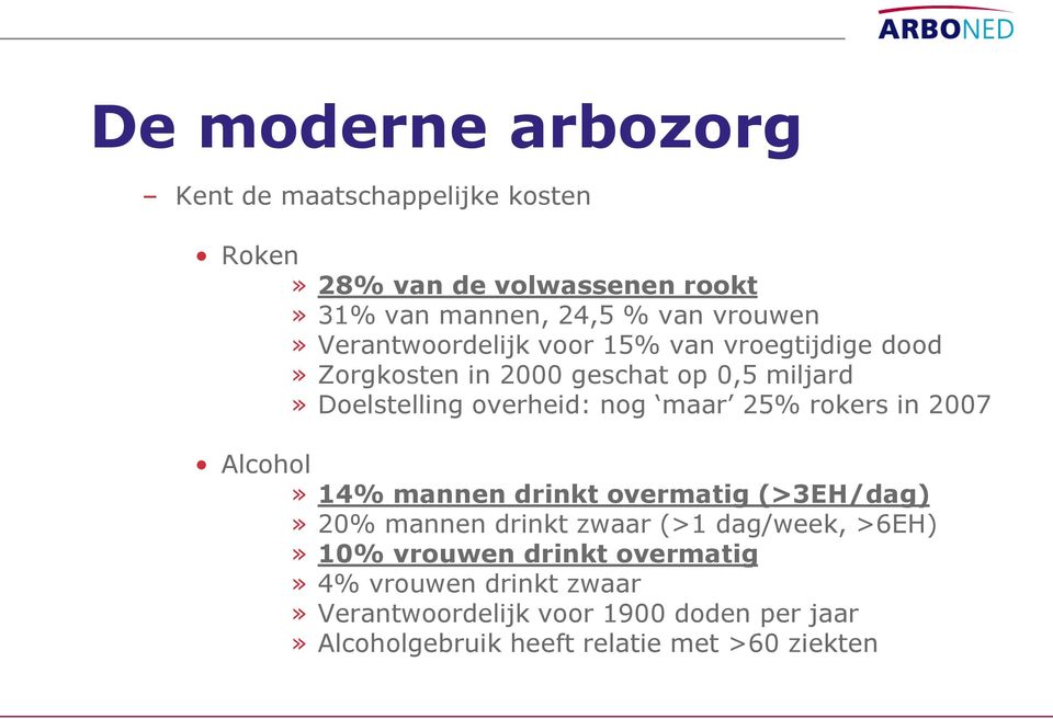 25% rokers in 2007 Alcohol» 14% mannen drinkt overmatig (>3EH/dag)» 20% mannen drinkt zwaar (>1 dag/week, >6EH)» 10% vrouwen