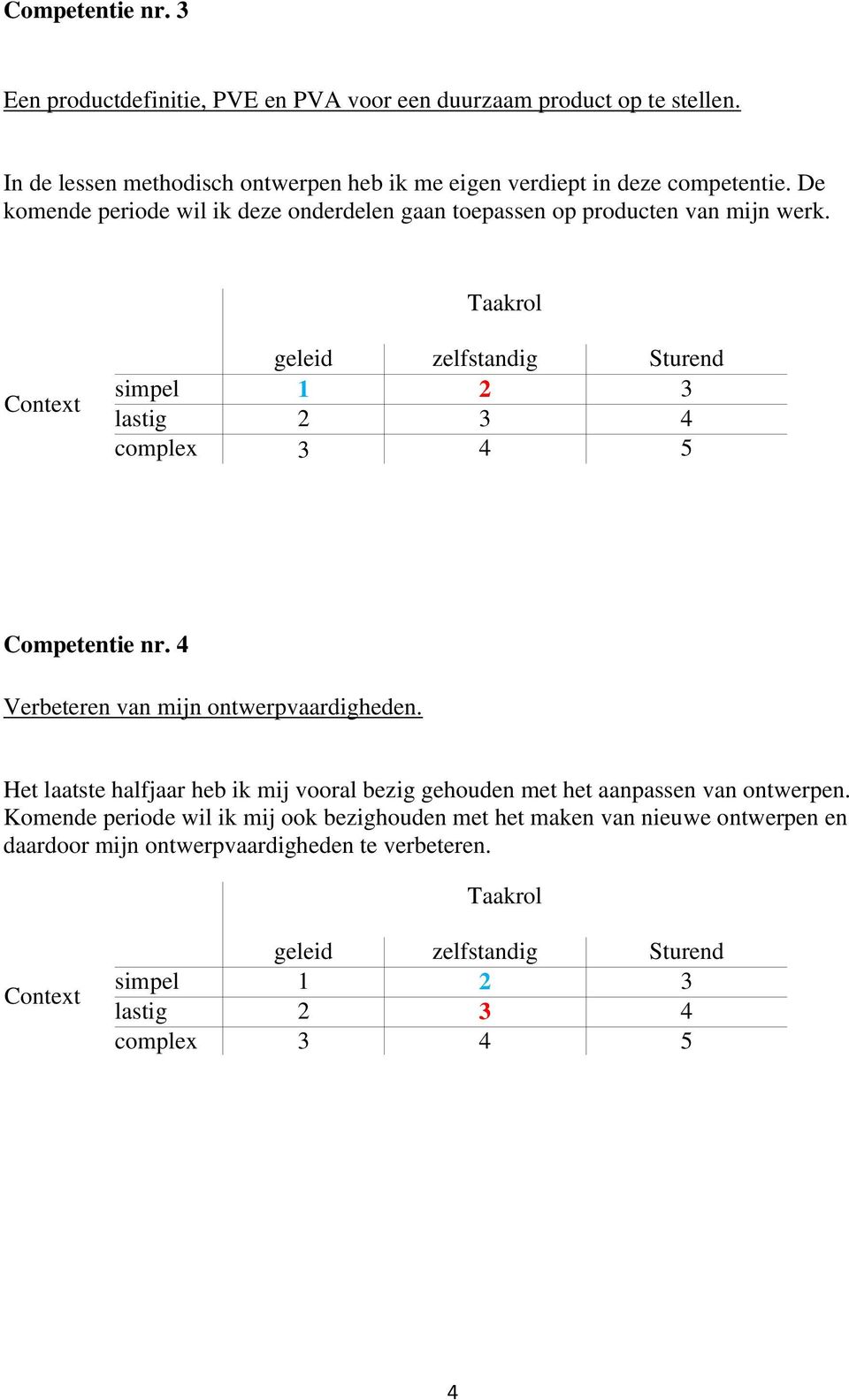 Taakrol Context geleid zelfstandig Sturend simpel 1 2 3 lastig 2 3 4 complex 3 4 5 Competentie nr. 4 Verbeteren van mijn ontwerpvaardigheden.