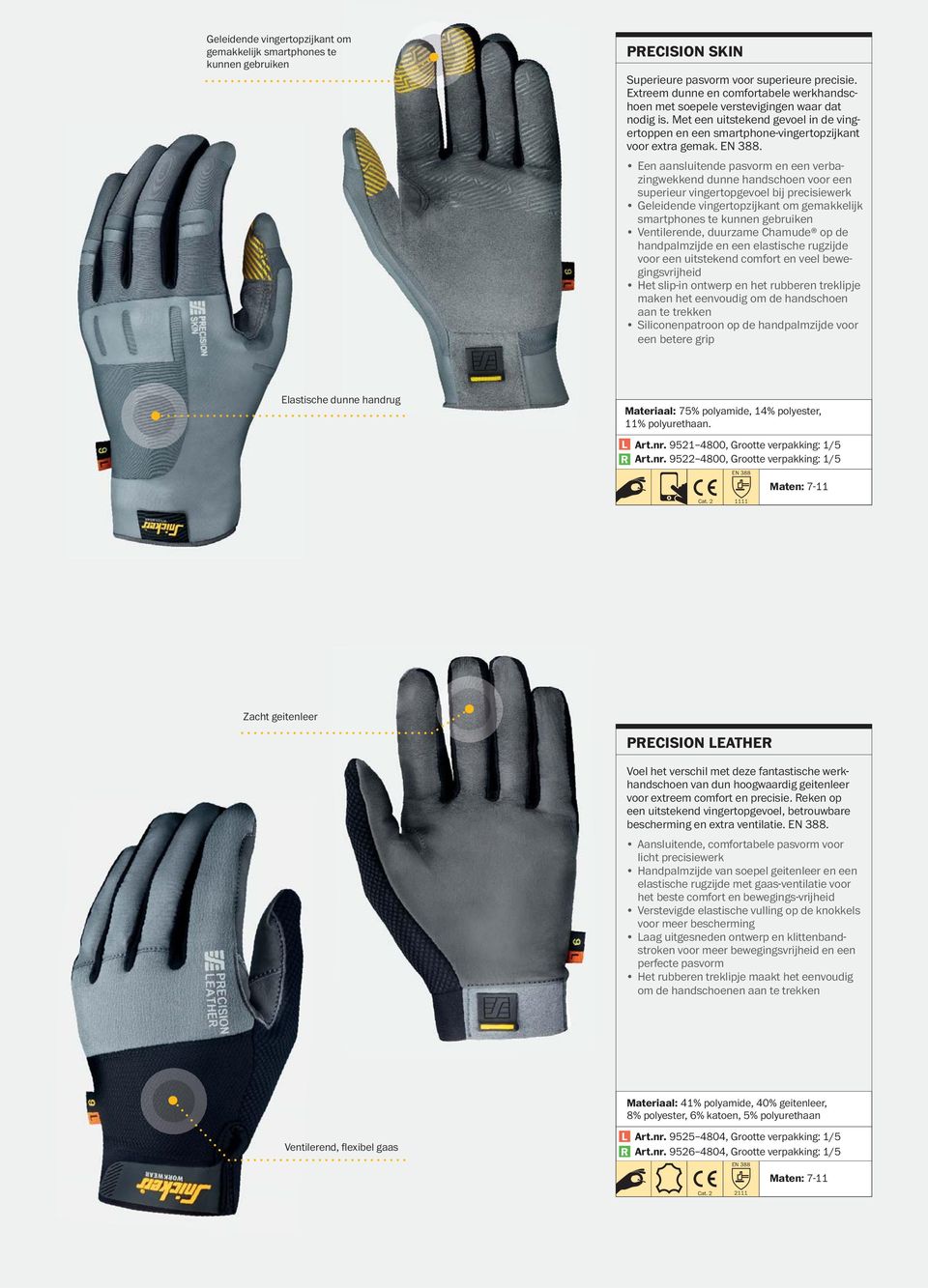 . Een aansluitende pasvorm en een verbazingwekkend dunne handschoen voor een superieur vingertopgevoel bij precisiewerk Geleidende vingertopzijkant om gemakkelijk smartphones te kunnen gebruiken