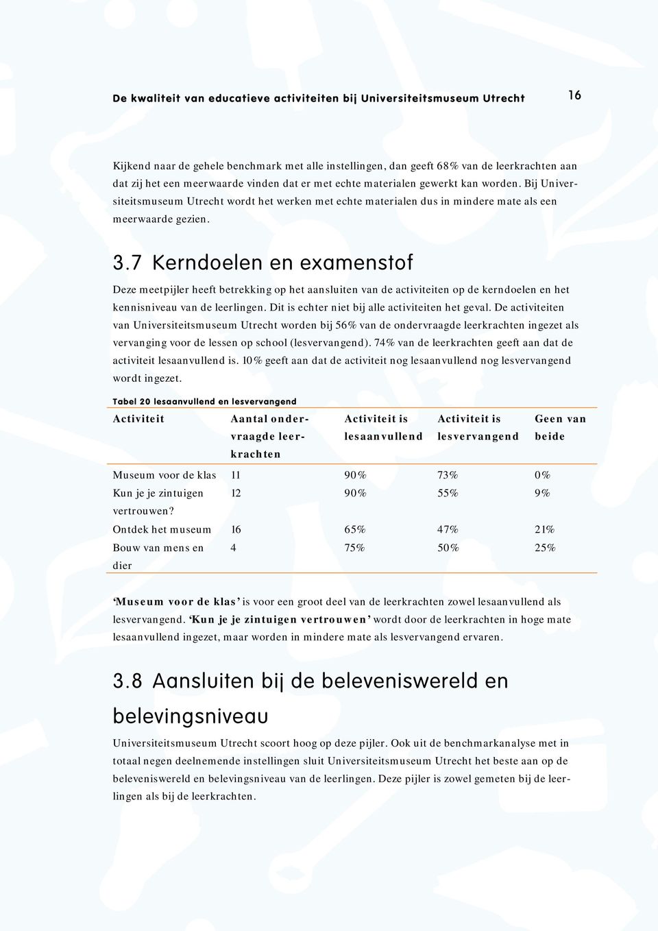 7 Kerndoelen en examenstof Deze meetpijler heeft betrekking op het aansluiten van de activiteiten op de kerndoelen en het kennisniveau van de leerlingen.