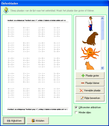49 Kies hier een leerling en klik op Werkblad. Op het scherm verschijnt een afdrukvoorbeeld van een oefenblad dat hoort bij het niveau van de leerling.