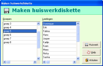 51 Kies een groep en een leerling en klik op Huiswerk. Het volgende venster verschijnt: Hoofdwerk kijkt na of er verwisselbare schijven op de computer beschikbaar zijn.