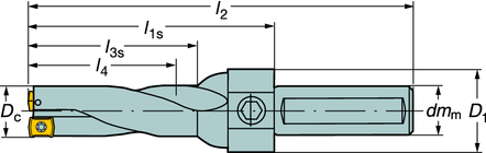 BORN CoroDrill 881 CoroDrill 881 3 4 x D c Boordiameter.562 -.937 inch Cilindrische schacht met vlakke US P schacht l 1s = programmeerlengte Inch uitvoering attolerantie -.004/+.