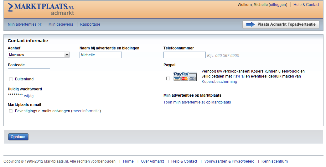 Gegevens aanpassen op Admarkt Via de tab Mijn gegevens kunt u uw contactgegevens (of die van uw organisatie) die bij de advertenties komen te staan aanpassen. Ook kunt u hier het wachtwoord wijzigen.