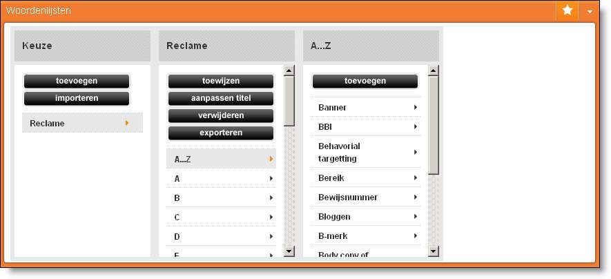 Stap 12 Woordenlijsten importeren en woorden toevoegen - U opent de harmonica Woordenlijsten en klikt op Importeren - U klikt op Klik hier voor een lege template die voldoet aan de eisen.