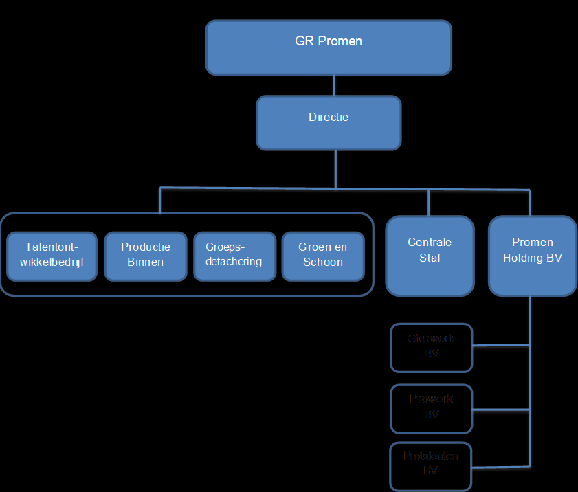 Verbonden partijen De GR Promen beschikt over een onderliggende private structuur met een aantal BV s om zowel doelgroep als niet doelgroep personeel te kunnen verlonen (zgn. verloning BV s).
