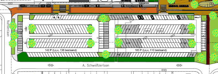 Situatie Parkeerterrein Geesterduin Het parkeerterrein van het winkelcentrum is in de tachtiger jaren aangelegd, door ruimte gebrek zijn de parkeerplaatsen onder een hoek aangelegd, zodat je er in de