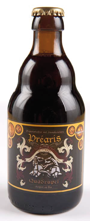 Prearis Quadrupel (10,0 % Vol. Alc.) Dit complex donker degustatiebier werd in april 2011 verkozen tot beste hobbybier van België in De Brouwland Biercompetitie.