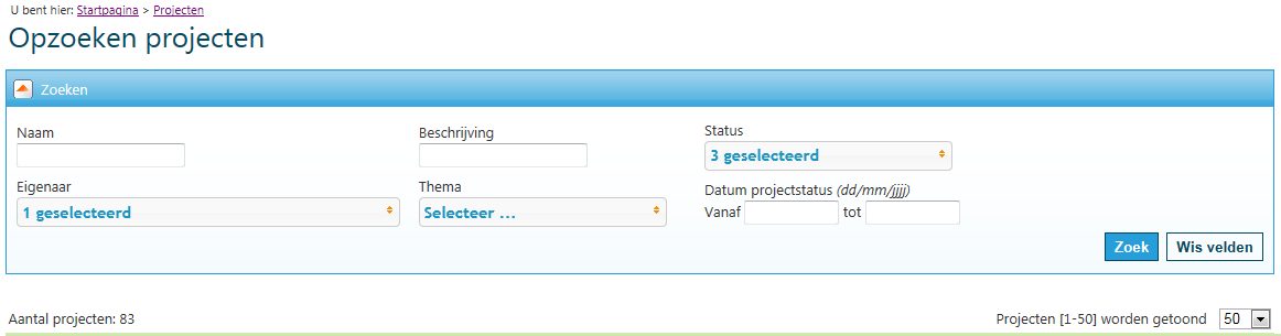 In de filter kan je een zoekterm ingeven. Deze zal in de lijst zoeken in de naam en de beschrijving van de projecten. Klik op Zoek om te filteren en op Wis velden om de filtervelden leeg te maken.