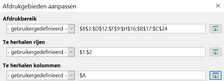 2) Typ in de het vak achter Te herhalen rijen de verwijzing naar de rijen die herhaaldelijk afgedrukt moeten worden. Om bijvoorbeeld de rijen 1, 2 en 3 te herhalen, typt u $1:$3.