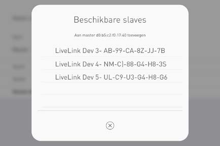 LIVELINK INSTALL -APP / RUIMTEBEHEER / INSTELLINGEN: MASTER-SLAVE-CONFIGURATIE Pagina 83 / 93 Master-configuratie Vastleggen van de master en toewijzing van de betreffende slaves.