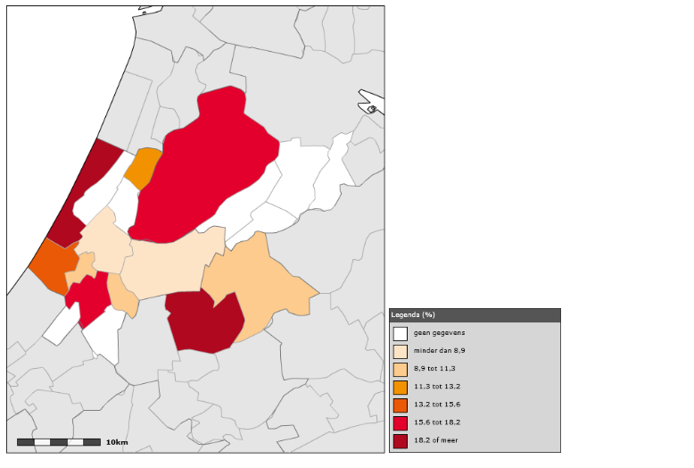 Figuur 15. Percentage van de mantelzorgers dat aangeeft zich door die zorg 'tamelijk zwaar belast', 'zeer zwaar belast' of 'overbelast' te voelen.