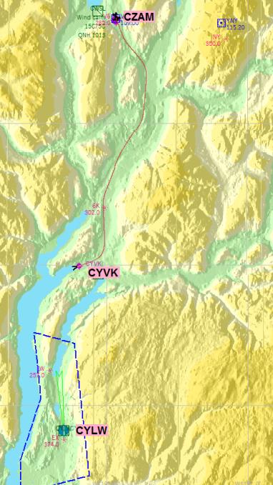 3 VFR 1: van Veron naar Salmon Arm (CYVK CZAM) v.v. Probeer de VFR-vlucht van Veron naar Salmon Arm te maken en vlieg deze route op 3000 voet. Vlieg door het dal en vind het vliegveld CZAM.