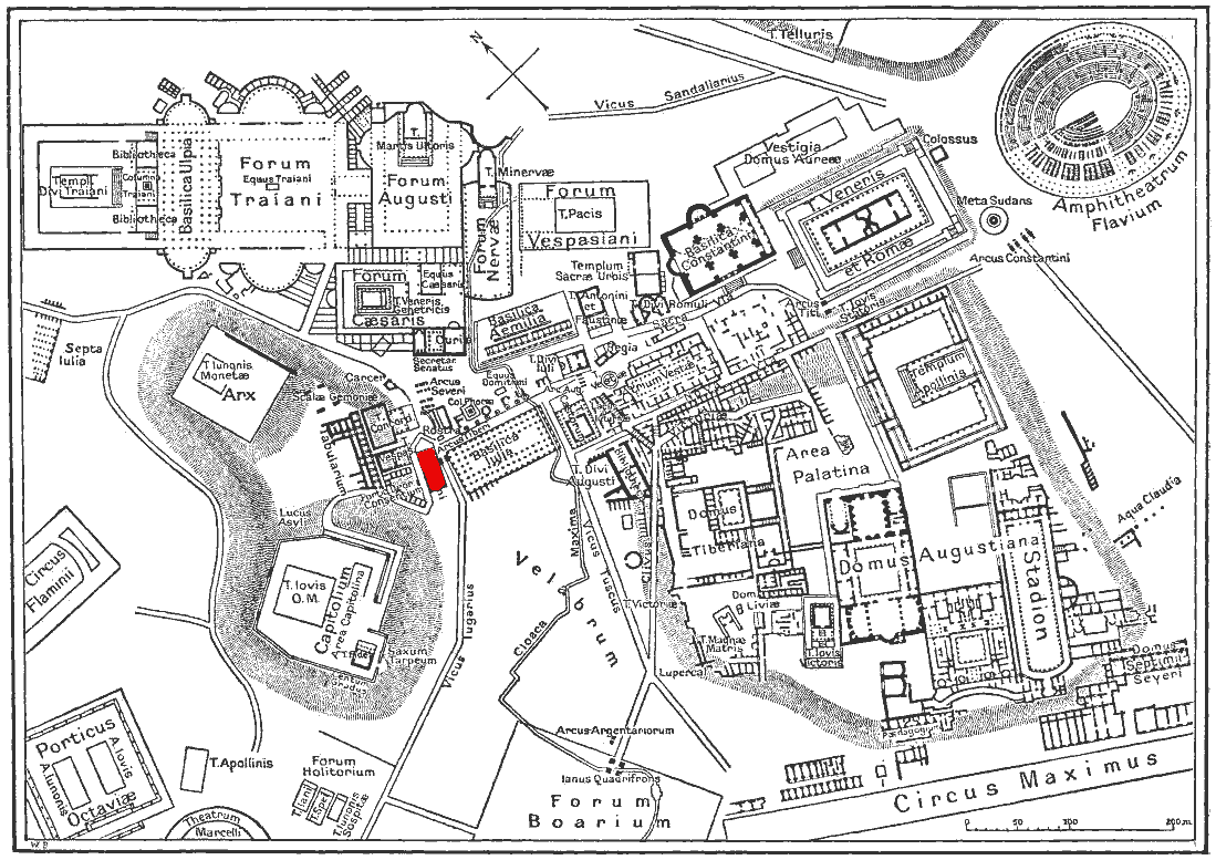 Figuur 3.5: Rome, kaart van het Forum Romanum met in het rood de tempel van Saturnus (http://upload.wikimedia.