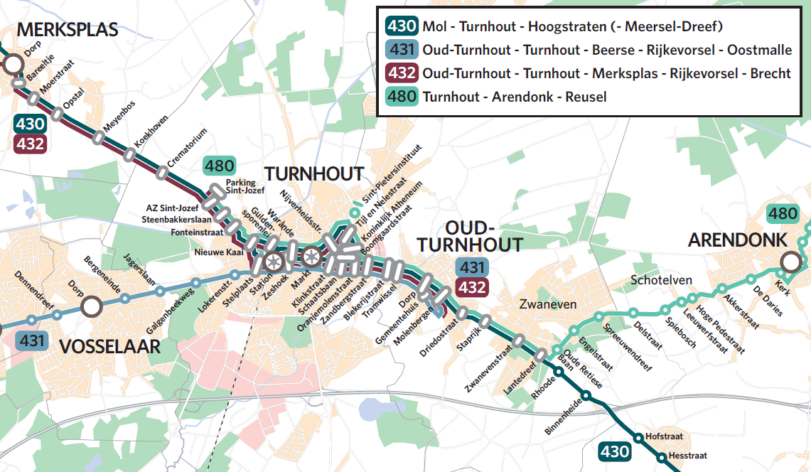 4.14 Busgebruik tussen Turnhout en Oud-Turnhout a) Wat werd onderzocht? In deze case onderzoeken we het busgebruik tussen Turnhout en Oud-Turnhout, met de focus op lijnen 430, 431, 432 en 480.