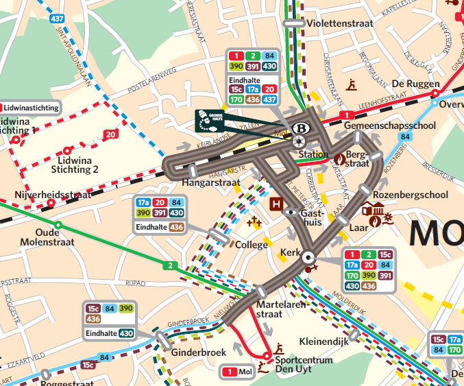 5.4.1.2. Mol: centrum in de richting van het station Op kaart vindt u in Mol tussen de haltes Kerk en Station een commerciële snelheid terug die kleiner is dan 15km/h.