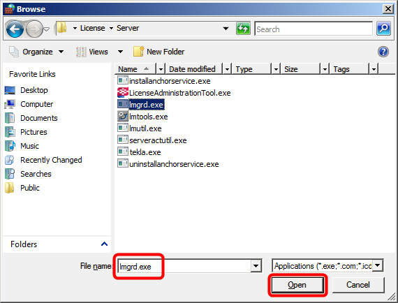 5. Klik in het dialoogvenster Een programma toevoegen op Bladeren en blader naar de map Server. Het pad is standaard...\teklastructures\license\server. 6. In de map Server, selecteert u lmgrd.exe. 7.