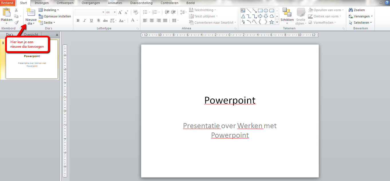 1 Aan de slag met PowerPoint PowerPoint is een hulpmiddel bij presentaties, bestaande uit verschillende dia s, waarbij je van de ene dia naar de volgende gaat.