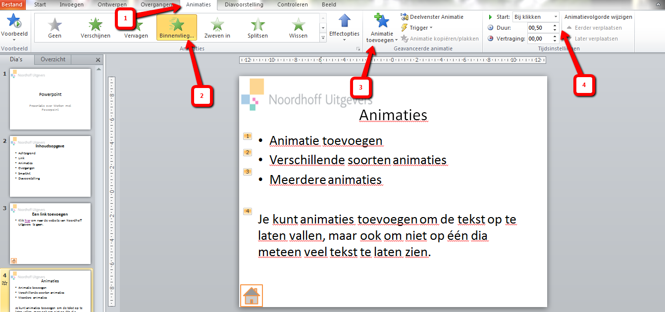 1.4 Animaties en overgangen Om de luisteraar niet meteen heel veel tekst te laten zien bij elke dia, kun je gebruik maken van Animaties. Doe dit niet onnodig vaak, want het maakt het beeld onrustig.