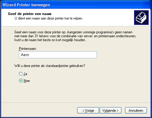 ADDENDUM BIJ AFDRUKKEN 29 12 Typ een naam voor de EX Print Server in het veld Printernaam en klik op Volgende. Deze naam wordt gebruikt in het venster Printers en in het venster met de wachtrijen.