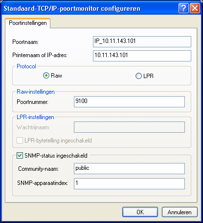 ADDENDUM BIJ AFDRUKKEN 38 11 Klik op Poort configureren op het tabblad Poorten in het dialoogvenster Eigenschappen. Het dialoogvenster Standaard-TCP/IP-poortmonitor configureren wordt weergegeven.
