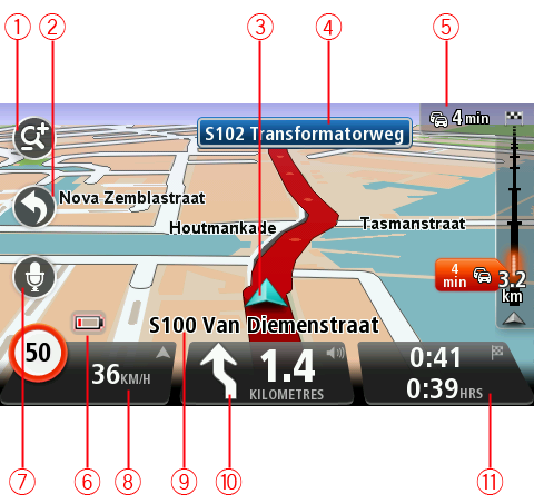 De rijweergave Informatie over de rjweergave Wanneer je je TomTom-navigatiesysteem voor het eerst opstart, krijg je de rijweergave te zien met gedetailleerde informatie over je huidige positie.