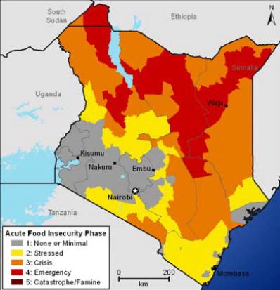 IPC classificatie van Kenia en Ethiopië in juli 2011 Bron: FEWS NET juli 2011e en juli 2011g, p.1 In Kenia en Ethiopië waren er enkele regio s die zich in fase vier van IPC bevonden.