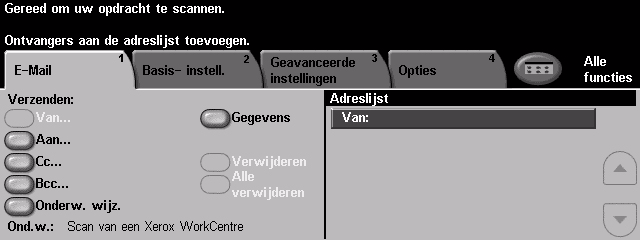 Scannen naar e-mail AC (Alles wissen) om alle selecties die door een vorige gebruiker zijn Plaats de originelen in de AOD in de volgorde (1,2,.