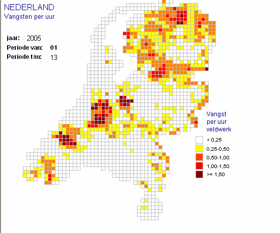 1.09 In figuur 6 is de landelijke spreiding voor het aantal vangsten per uur weergegeven. Figuur 6: Aantal vangsten/uur veldwerk (2005) 1.