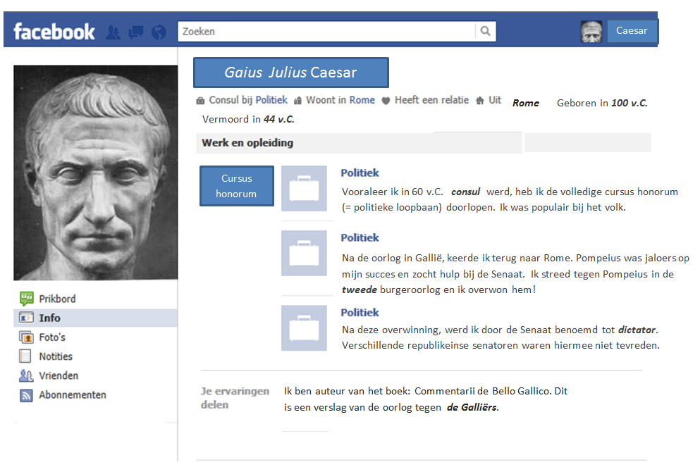 73 Verbetersleutel Opdracht 1: identiteitskaart Caesar 37 In 100 v.c. werd Gaius Julius Caesar, als patriciër (rijke Romein) geboren. In 69 v.c. begon hij met zijn politieke loopbaan.